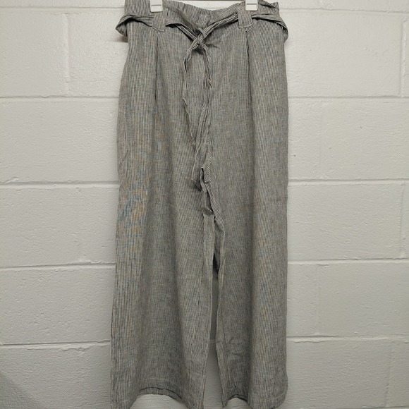 Max Studio Pants - Max Studio Wide Leg Crop Pants Sz MEDIUM Linen Blend Black Vertical Striped Belt